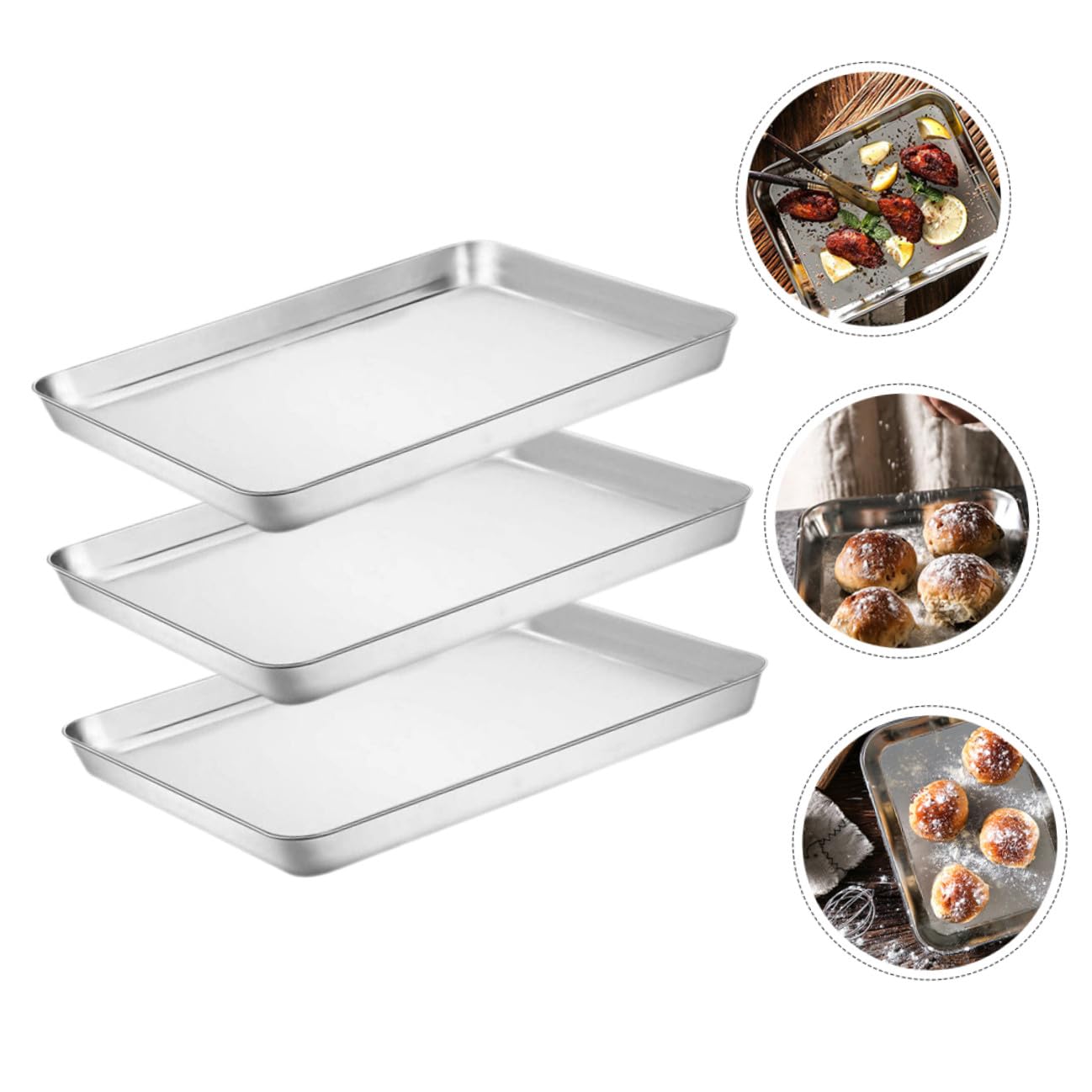 DOITOOL 3 piezas Bandejas de Horno Rectangulares de Acero Inoxidable Bandeja Multifuncional para Hornear Galletas Asar y Almacenar Aptas para Horno y Fácil Limpieza