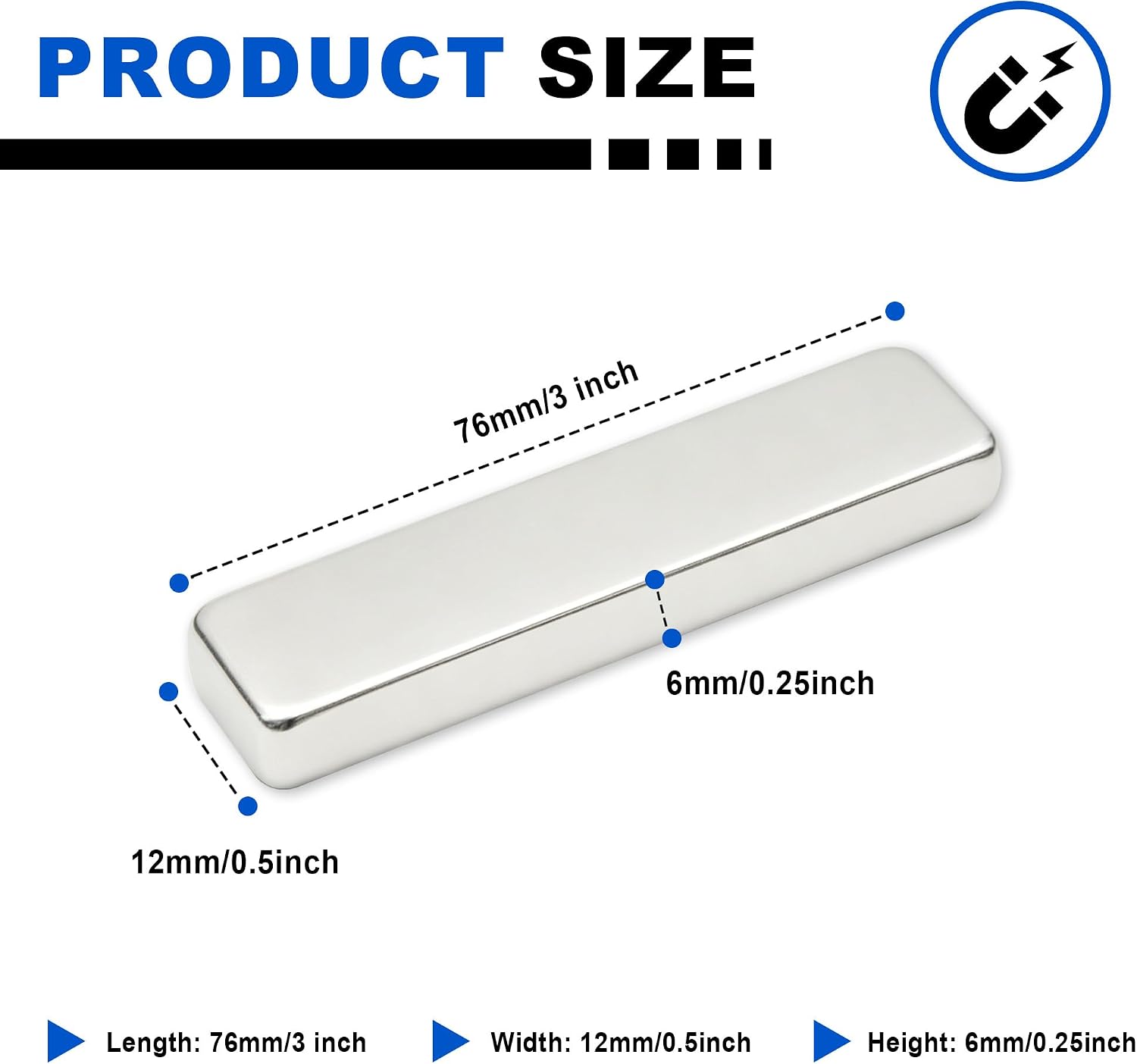 3 Pack Strong Neodymium Bar Magnets, 76x12x6mm Permanent Rectangle Rare Earth Magnets, Heavy Duty Magnet for Garage, Kitchen, Whiteboard, DIY, Tool Organization and Office image 2