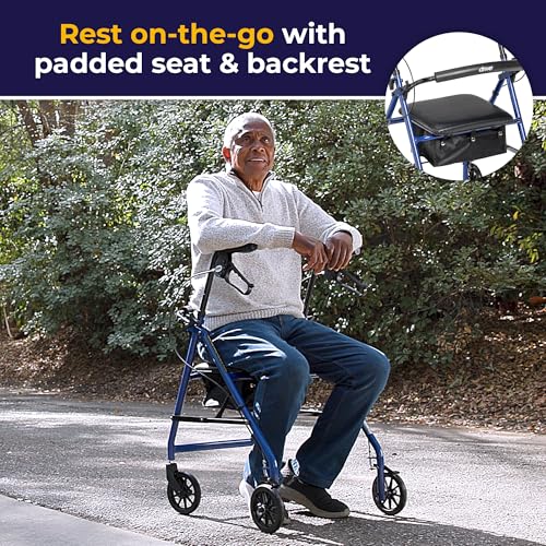 Image of Drive Medical Aluminum Rollator Walker, Padded Seat, 6-Inch Wheels, Blue | Aluminum Rollator Walker Folds Up with 6 Inch Wheels for Indoor and Outdoor Mobility and Everyday Ease Daily