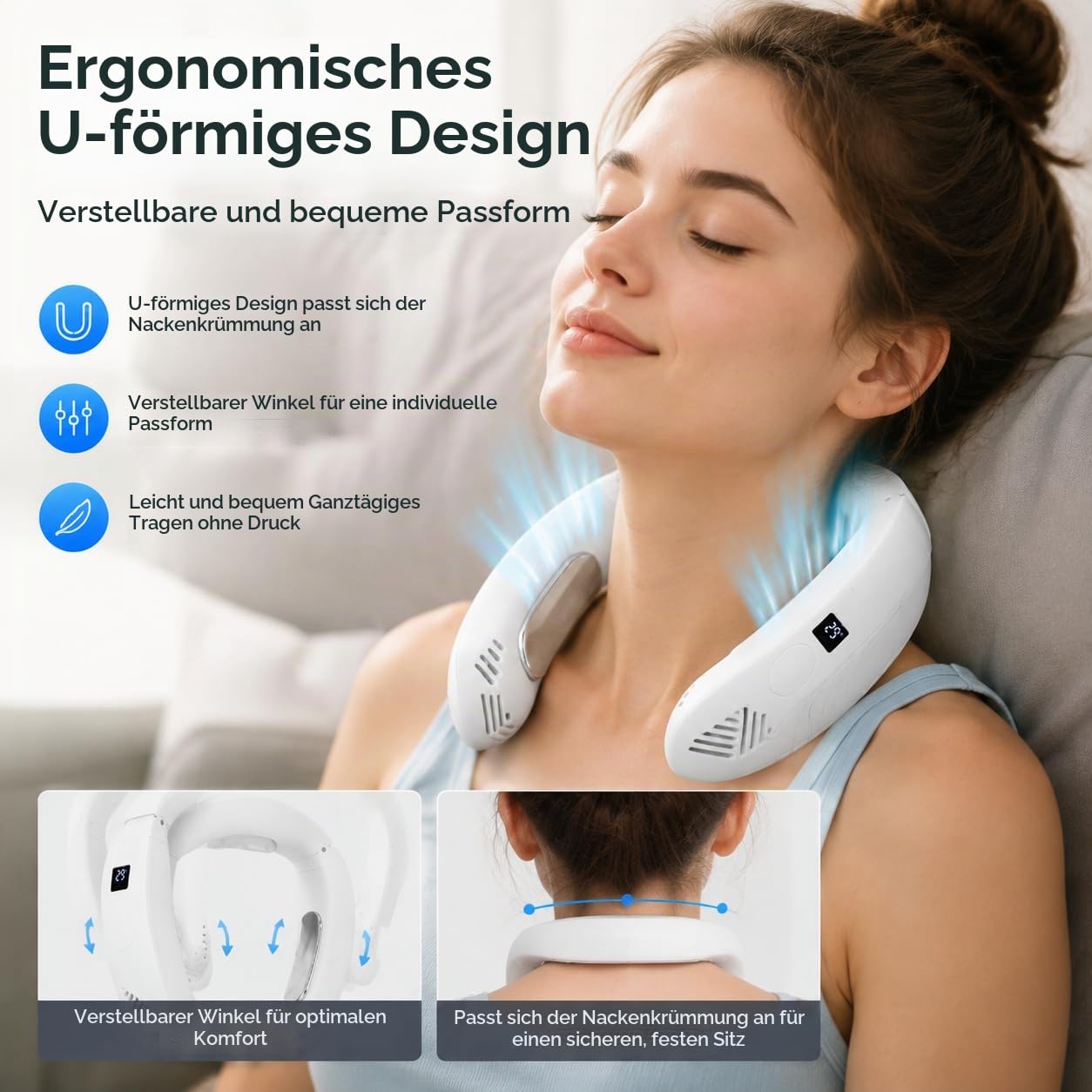 Tragbarer Nackenventilator, tragbare Klimaanlage mit Kühl- und Heizmodus, 3500 mAh wiederaufladbar, 3 Geschwindigkeiten einstellbar, flügelloses persönliches Kühlgerät für