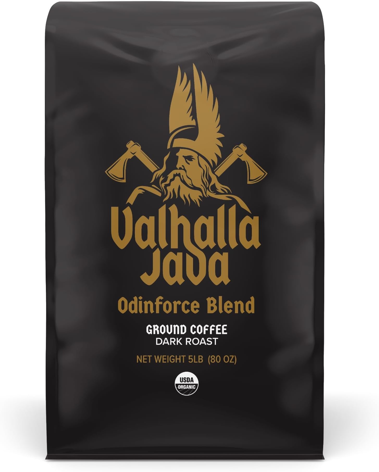 Death Wish Coffee, Valhalla Java Dark Roast Grounds - Extra Kick of Caffeine - 5 Lb. - Bold & Intense Blend of Arabica Robusta - USDA Organic - Strong Coffee for Morning Boost