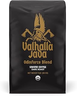 Death Wish Coffee, Valhalla Java Dark Roast Grounds - Extra Kick of Caffeine - 5 Lb. - Bold & Intense Blend of Arabica Robusta - USDA Organic - Strong Coffee for Morning Boost