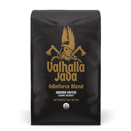 Death Wish Coffee, Valhalla Java Dark Roast Grounds - Extra Kick of Caffeine - 5 Lb. - Bold & Intense Blend of Arabica Robusta - USDA Organic - Strong Coffee for Morning Boost