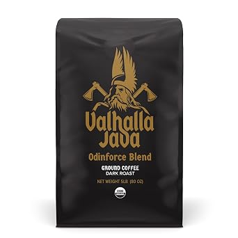 Death Wish Coffee, Valhalla Java Dark Roast Grounds - Extra Kick of Caffeine - 5 Lb. - Bold & Intense Blend of Arabica Robusta - USDA Organic - Strong Coffee for Morning Boost | Fair Trade Arabica & Robusta, Cocoa Molasses & Roasted Nut Notes, Indonesian Blend, Bulk 5 lb Bag, Drip