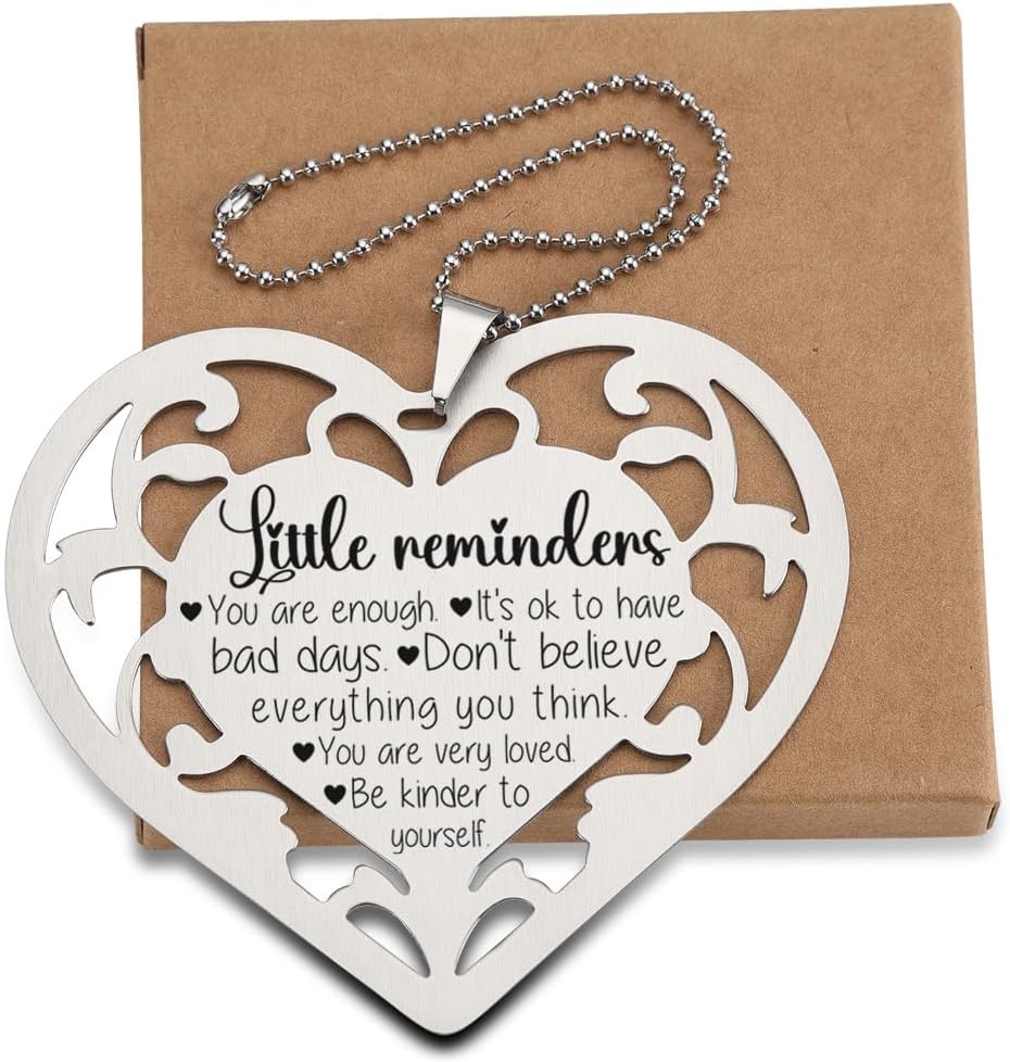 Mental Health Stainless Steel Heart Ornament – “Little Reminders” Hanging Tag with Encouraging Quotes, Self-Love Gift for Women, Friends, or Recovery Support,LGG5