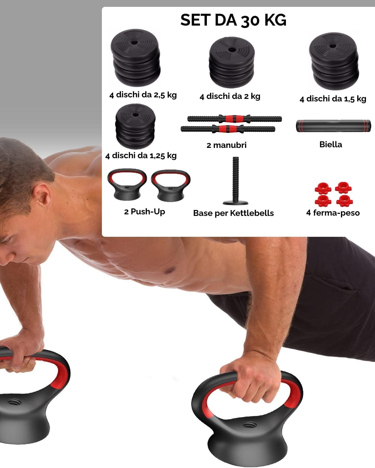 FFitness Regulowany Zestaw Hantli, Który Można Przekształcić w Sztangę, 6 w 1, Stojak do Pompek z Odważnikami Kettlebell, Dostępne Różne Ciężary 10-40 Kg (30)