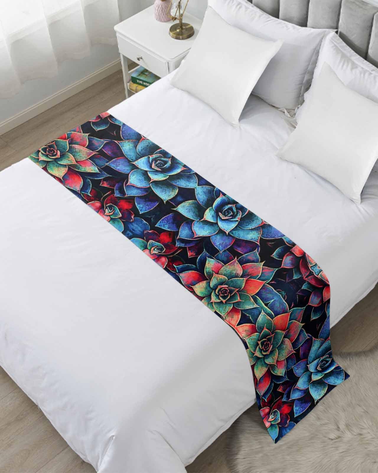 Blue Red Succulent Bed Runner for Cal. King Size, Abstract Retro Botanical Bedspread Protector Slipcover Bed Scarf for Foot Runners & Scarves for Bedroom Hotel Wedding Room 94x20 Inches