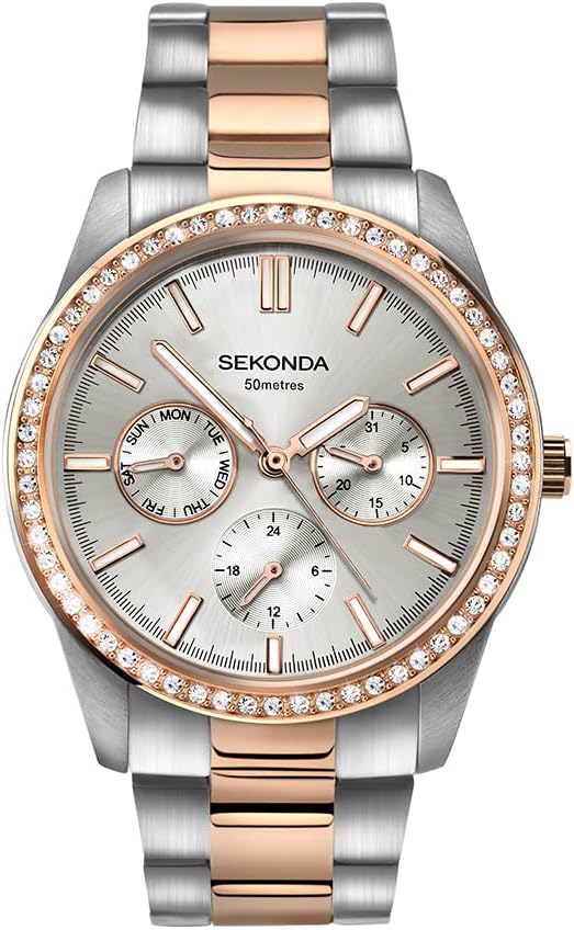 Sekonda Womens 37mm Multi dial Quartz Watch Jewelled Bezel 50m Water Resistant with Stainless Steel Strap
