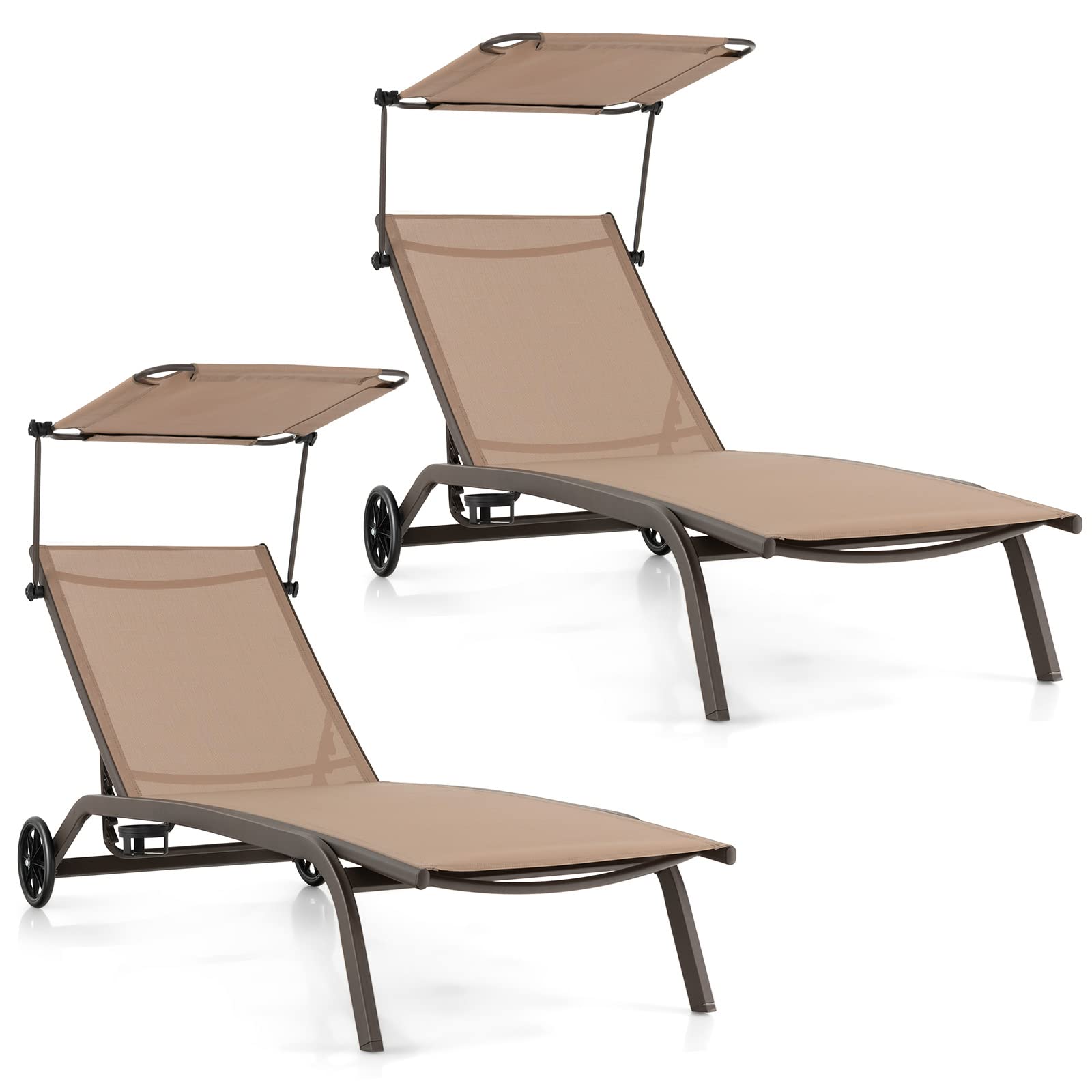 KOMFOTTEU Tumbona con Toldo de Jardín, Tumbona con Respaldo Ajustable de 6 Niveles, Silla Reclinable con Ruedas y Soporte para Bebidas, Tumbona de Playa de Tela con Carga 150 kg (Marrón x 2)
