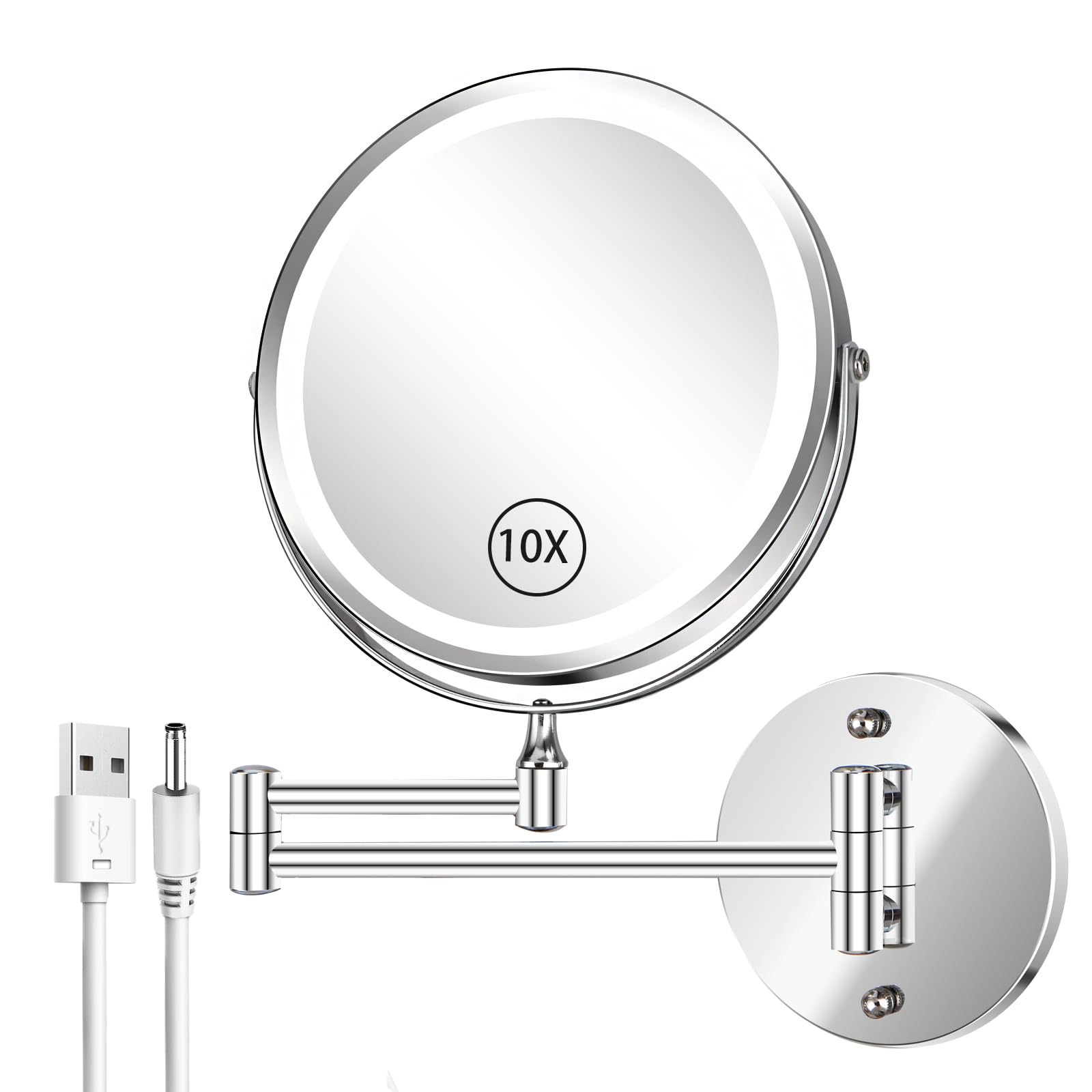 Specchio da trucco da parete da 20,3 cm, specchio cosmetico con ingrandimento 1x/10x, con luci, LED ricaricabile a 3 colori, luminosità regolabile, specchio da bagno con interruttore touch,