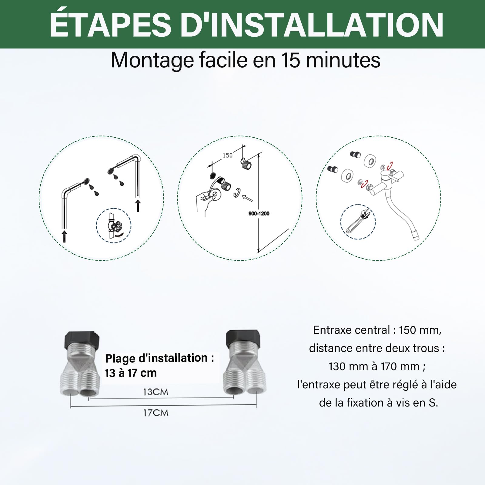 Mitigeur Robinet Cuisine Noir avec Pistolet Douchette Bec 23 cm Pivotant à 360° Robinet Mélangeur Mural pour Évier Acier Inoxydable
