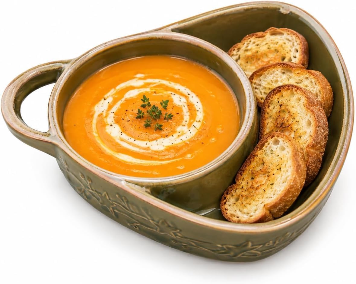 Soup and Sandwich Bowl, Ceramic Plate Combo with Bread Holder (Green) — image 1