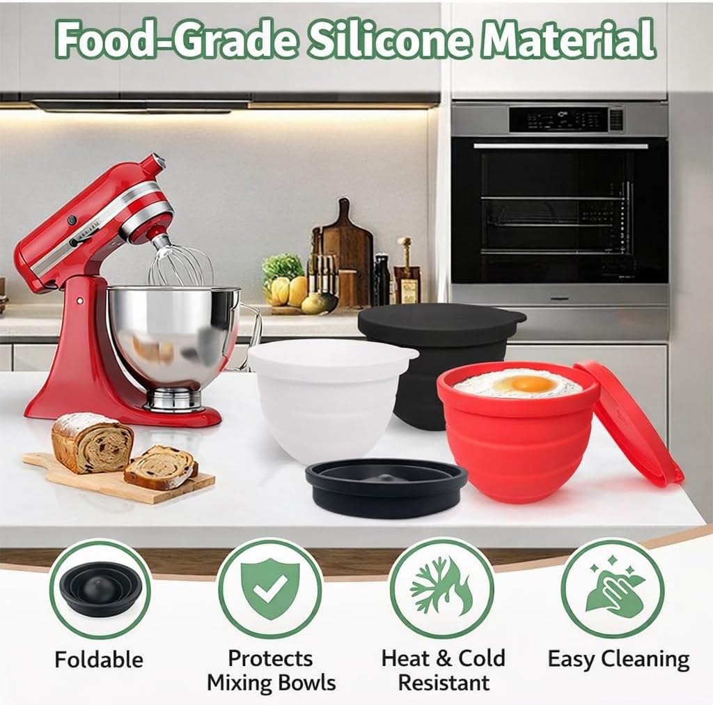 Foldable Silicone Bowl Liners for KitchenAid 5 Qt Tilt-Head Stand Mixers, Odorless & Thicker Mixing Bowl Inserts, Heat/Cold Resistant, Non-Stick & Easy Clean, Dishwasher Safe, 3-Pack Liners with Lids