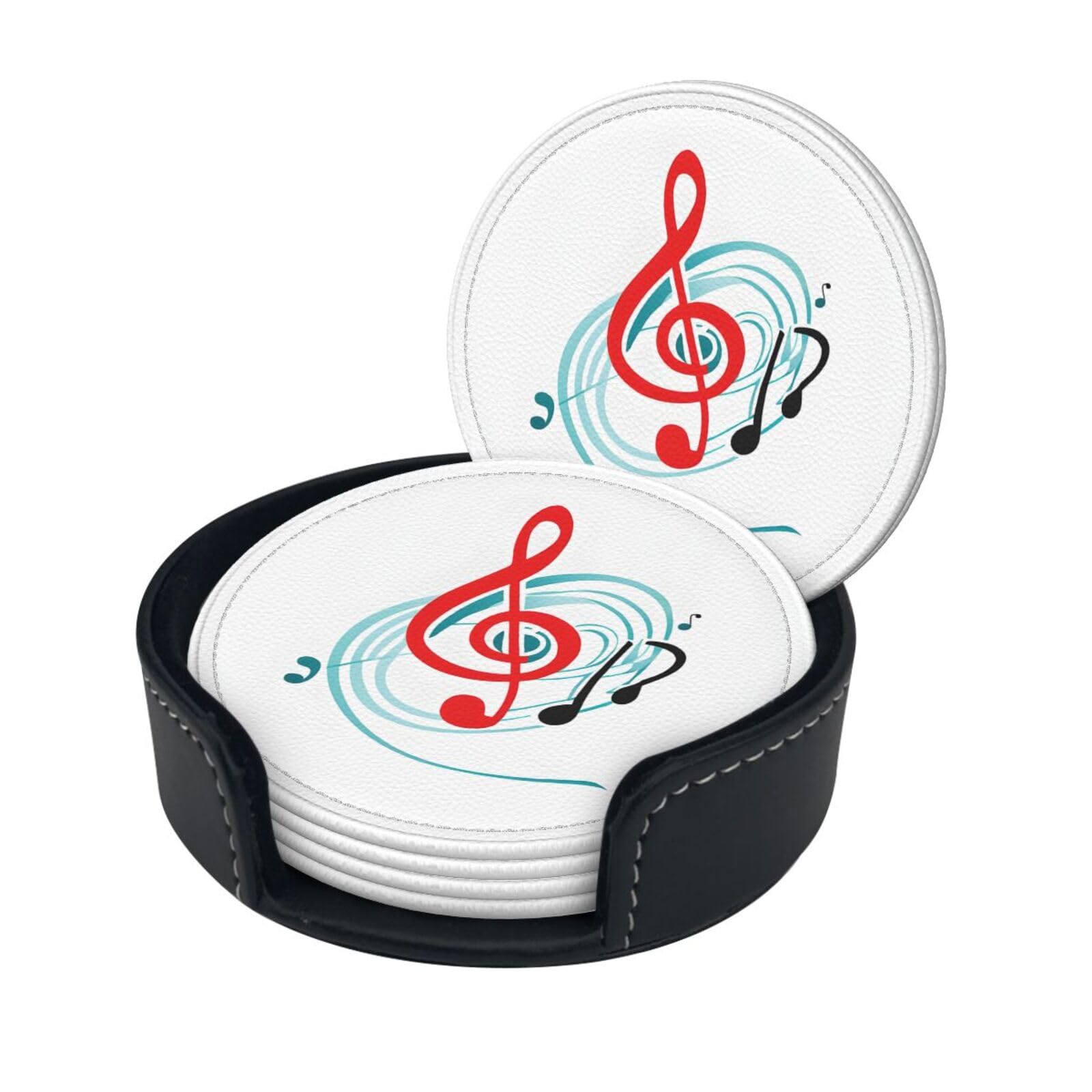 Colored Music Print Coaster,Round Leather Coasters with Storage Box for Wine Mugs,Cold Drinks and Cups Tabletop Protection (6 Piece)