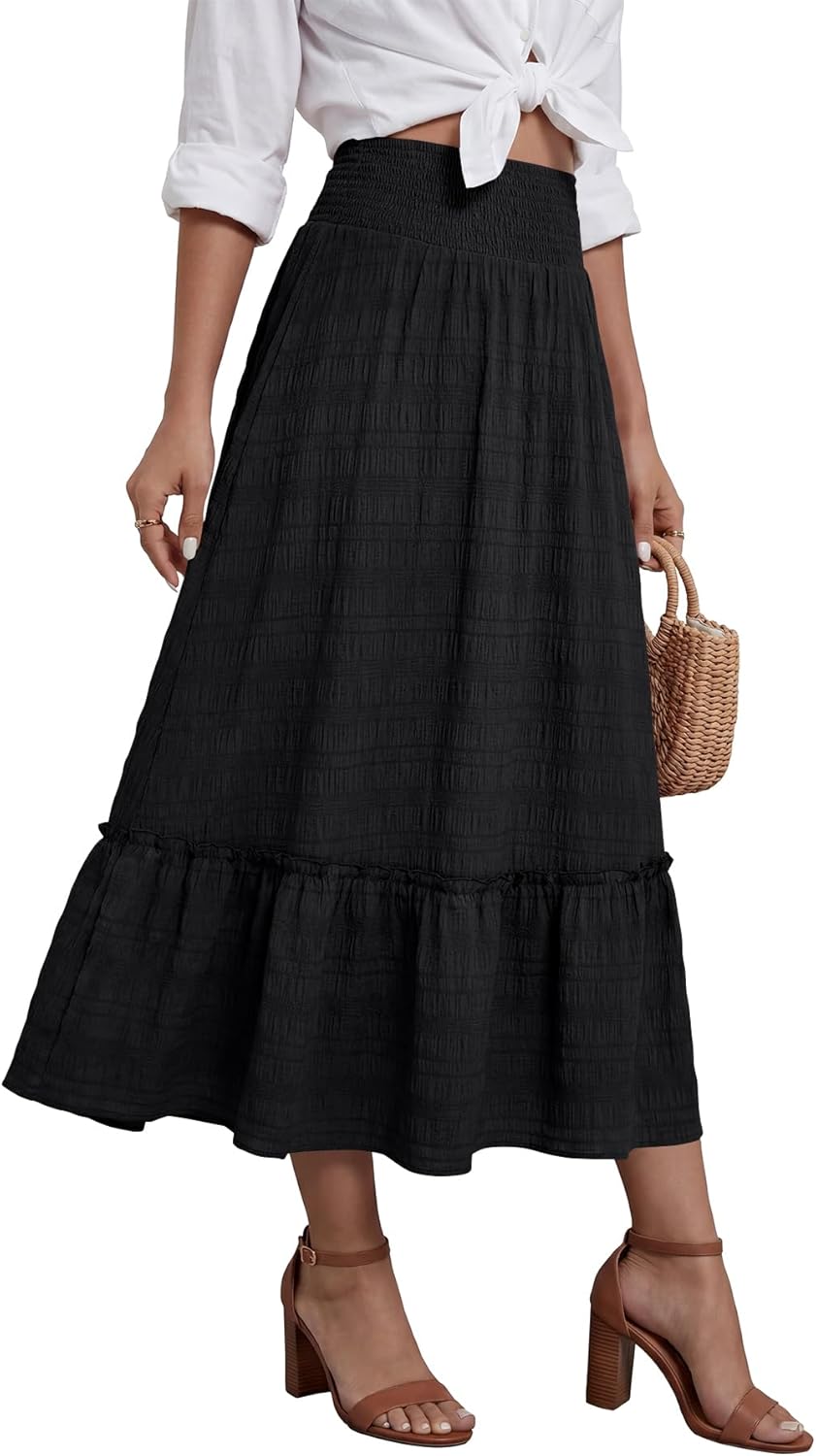 Umenlele Women's Ruffle Layered High Waist A Line Flowy Swing Elegant Long Skirts - Image 4