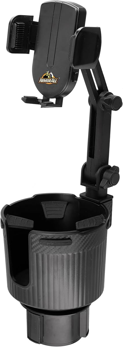 2-in-1 Cup Holder Cell Phone Holder, Dual Cellphone Car Mount and Cupholder, XL Cupholder Holds Bottles, 6” in Arm 360° Degree Rotatable, Swivel Phone Mount Fits Most Phones, Expandable Base