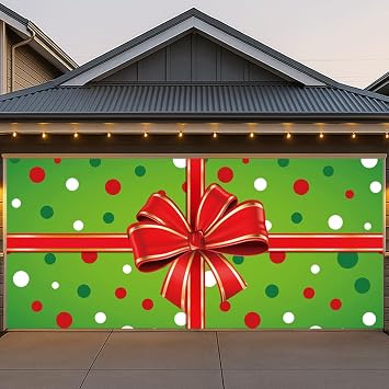Garage Door Christmas Cover 7x16FT Garage Bow Gif Box Christmas Decorations with Bar Magnets & Ropes, Holiday Garage Door Banner Decorative Xmas for Indoor Outdoor [Include Installation Instructions]