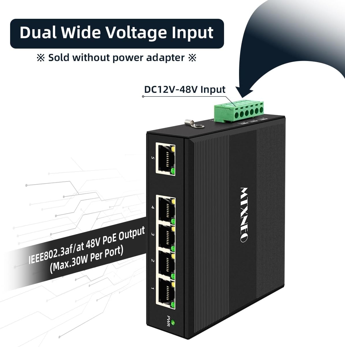 Industrial 5 Ports Gigabit POE+ Network Switch with DC12V-48V Input and DC48V IEEE802.3af/at 30W POE Output 120W Total for Solar Power/Truck/VoIP Systems/CCTV Security System