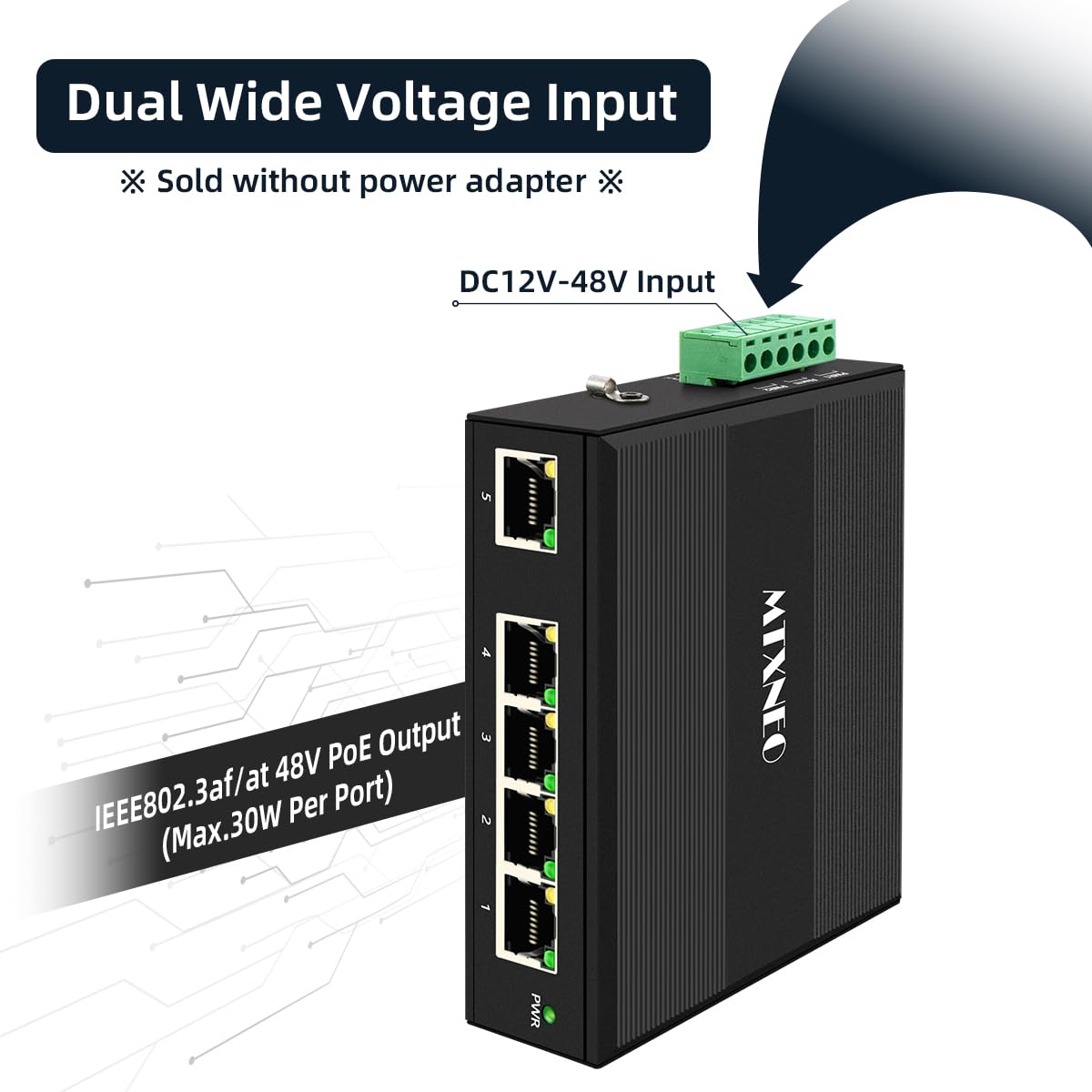 Interruttore di rete industriale Gigabit a 5 porte con amplificatore di tensione DC12 V-48 V a DC48 V, 4 porte IEEE802.3 af/a 30 W POE 120 W, IP40, potenza compatta POE per sistema solare / trunk/VoIP