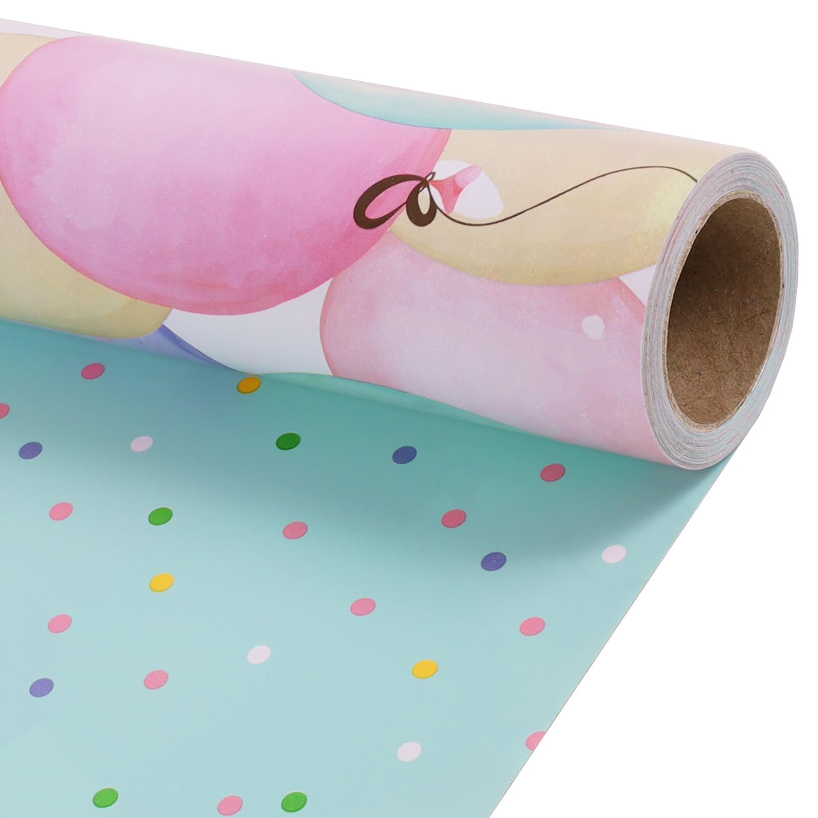BIOBROWN Reversible Baby Shower Wrapping Paper Roll 43cm x 10m Colorful Balloons & Polka Dots Design for Boys Girls Kids, Birthday, Baby Shower