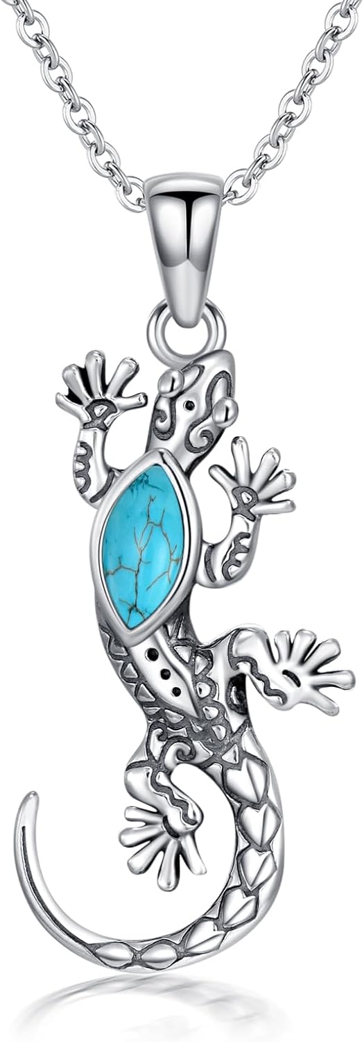 Gecko Necklace 925 Sterling Silver Real Turquoise Gemstone Lizard Pendant Animal Vintage Jewelry for Women