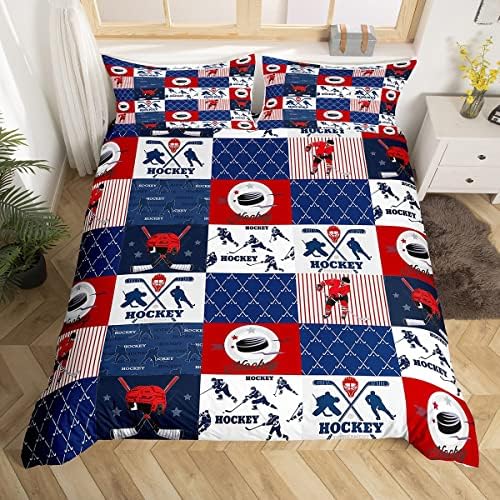 Ice Hockey Duvet Cover Set Queen Size,Geometric Check Patchwork Stylish Bedding Set,Athlete Winter Sports Theme Comforter Cover for Kids Teens Boys Bedroom Decor,Blue Red Quilt Cover,2 Pillowcases