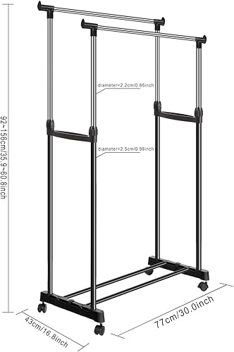 Miniatura 3 de Anfan Estante ajustable para colgar ropa, rieles dobles, ropa con ruedas y freno (plateado)