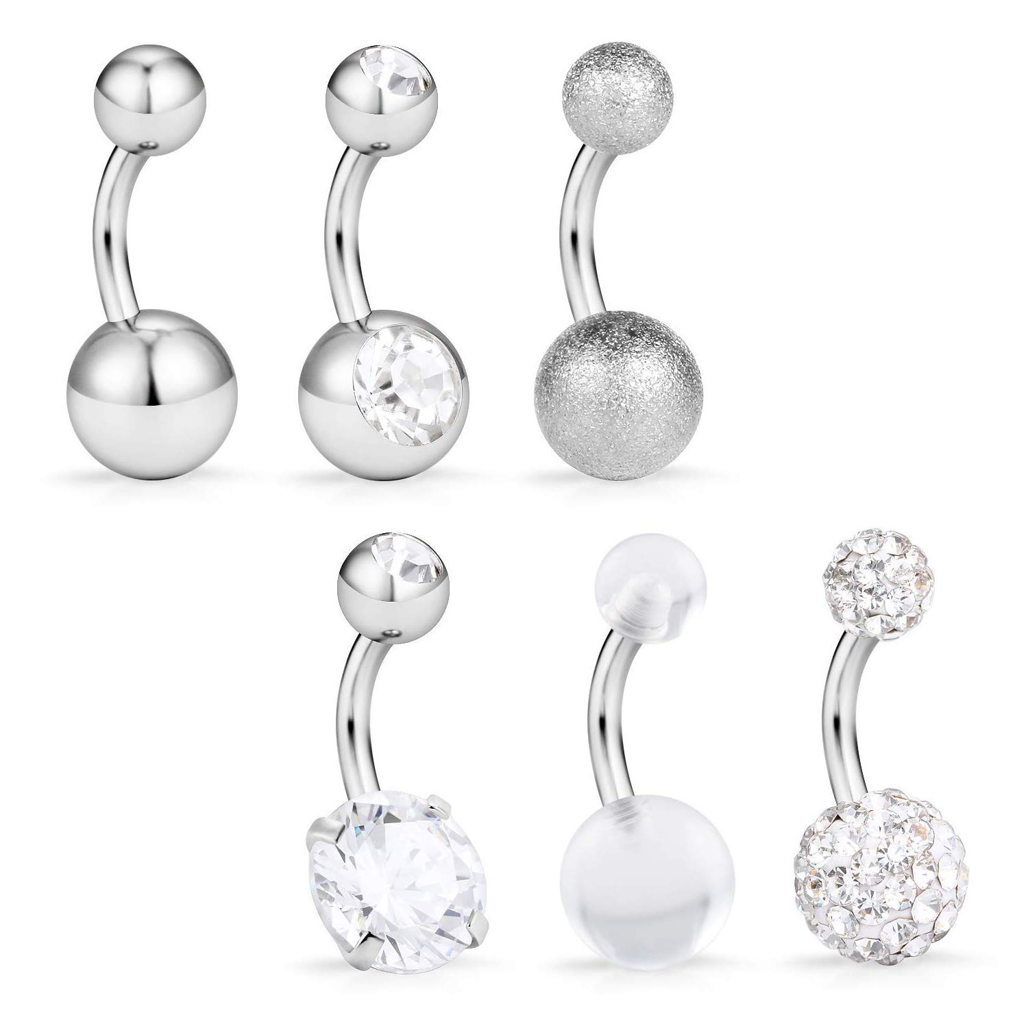 VFUNCorto Piercing Ombligo Anillo 6mm Banana Curvados Barbell Piercing Ombligo Acero Inoxidable Piercing Ombligo con CZ 14G 6 Piezas