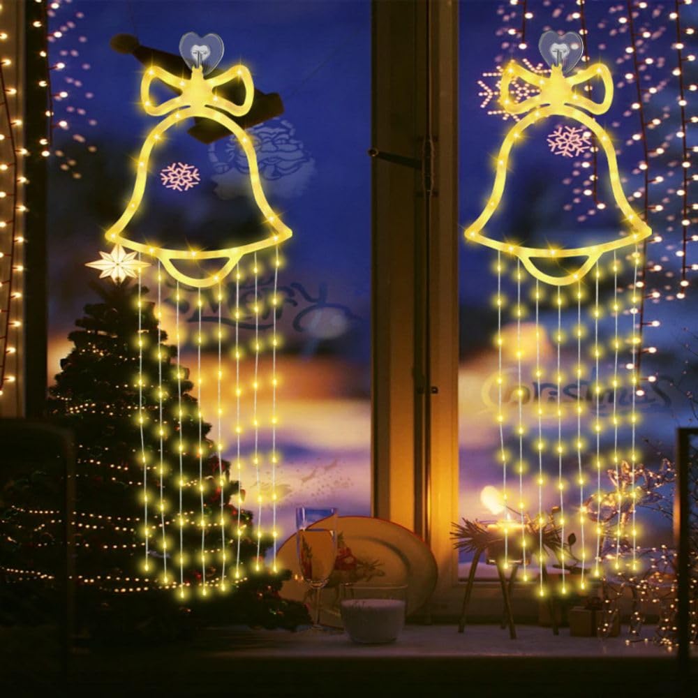 100LED Glocke led Weihnachtsbeleuchtung Weihnachten, IP65 Wasserdicht Fenster Lichtervorhang Innen Außen, Christmas Lights Weihnachtsdeko Innen Batteriebetrieben für Balkon Garten (Warmweiß) Beleuchtung