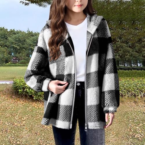 Girls Fleece Jacket Casual Loose Fuzzy Flannel Jacket with Hood Full Zip Lightweight Plaid Plush Winter Coats Kids2