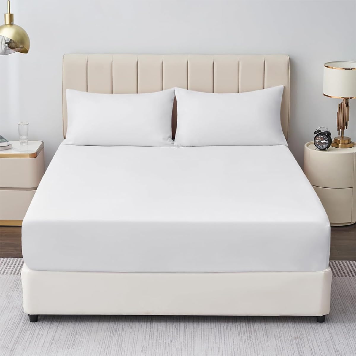 Rohi White Rohi® Double Fitted Sheet With Two Pillowcases – 25Cm Depth – Pure Polycotton Plain Bedding (Double Fitted Sheet & Pillowcases, )