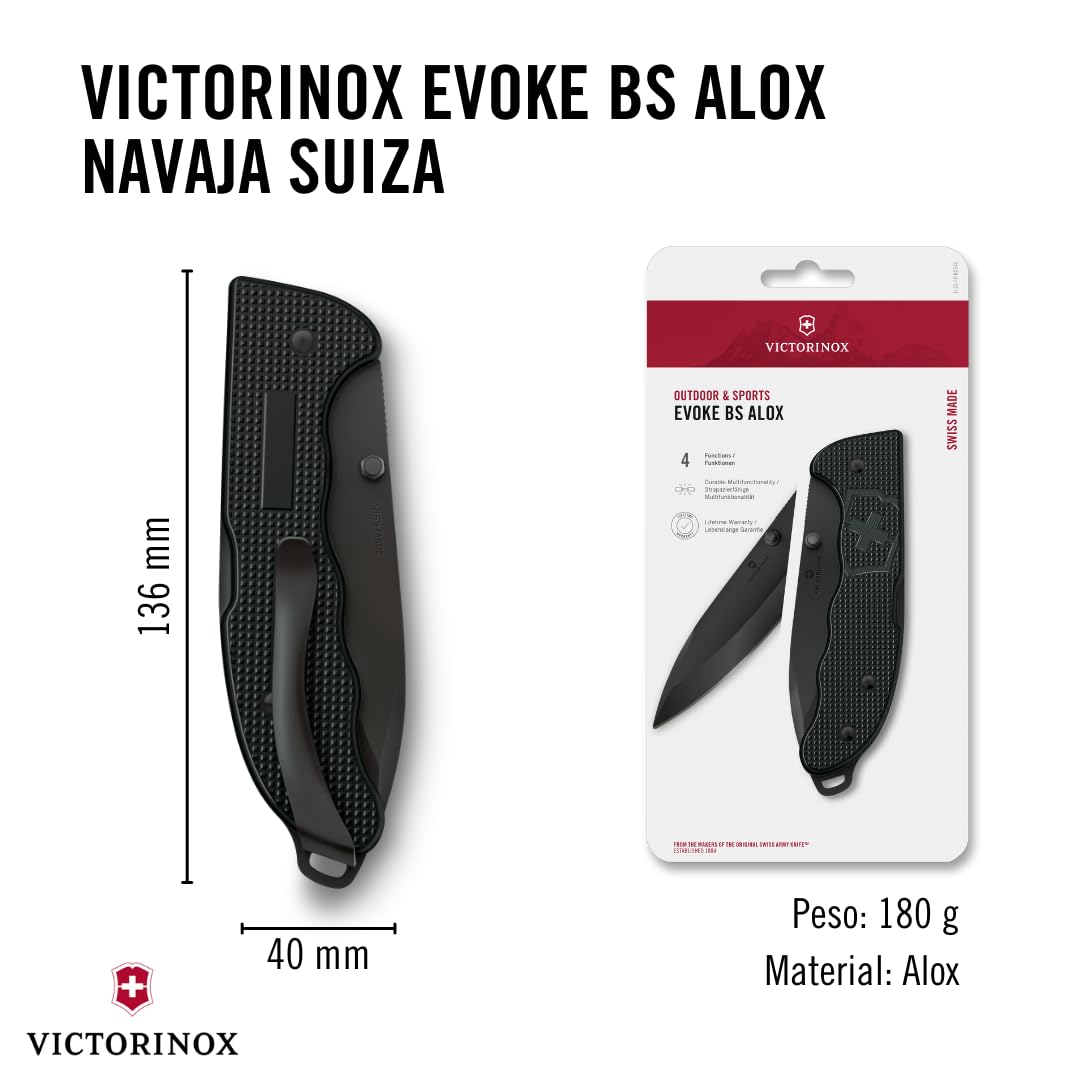 Victorinox Navaja suiza de bolsillo Hunter Evoke Alox, navaja plegable outdoor, 4 funciones, incl. hoja de 10 cm y perno de pulgar extraíble, negro