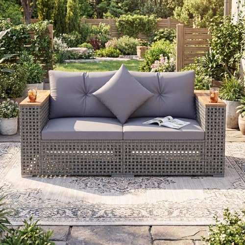 Tangkula 62.5" Large Patio Wicker Loveseat with Acacia Wood Armrests & Cup Holders, Outdoor 2-Piece Rattan Corner Sofa with Cushions, Sectional Conversation Set for Garden Backyard Porch Balcony, Grey - 3