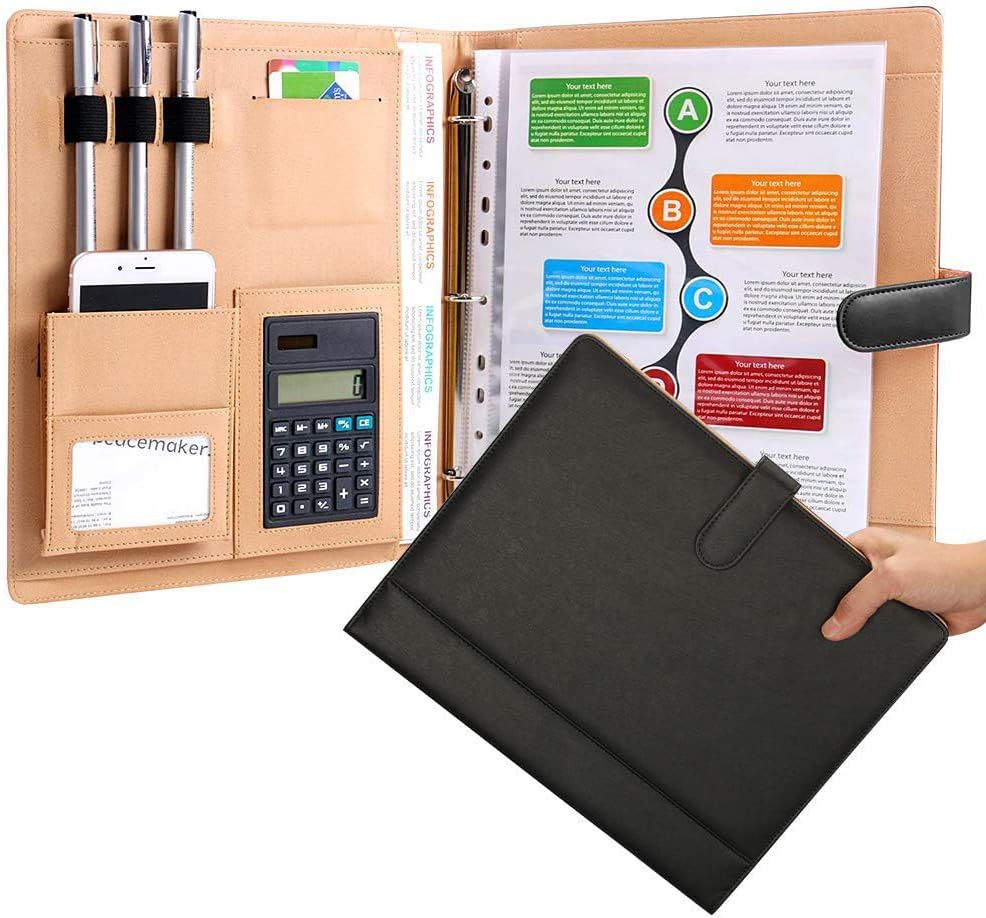 TERRIFI Leather Portfolio Binder, Business Padfolio Folder, with Calculator Black 3 Ring Padfolio Business Folder Stylish Interview Portfolio Cover Case Suitable for various business occasions