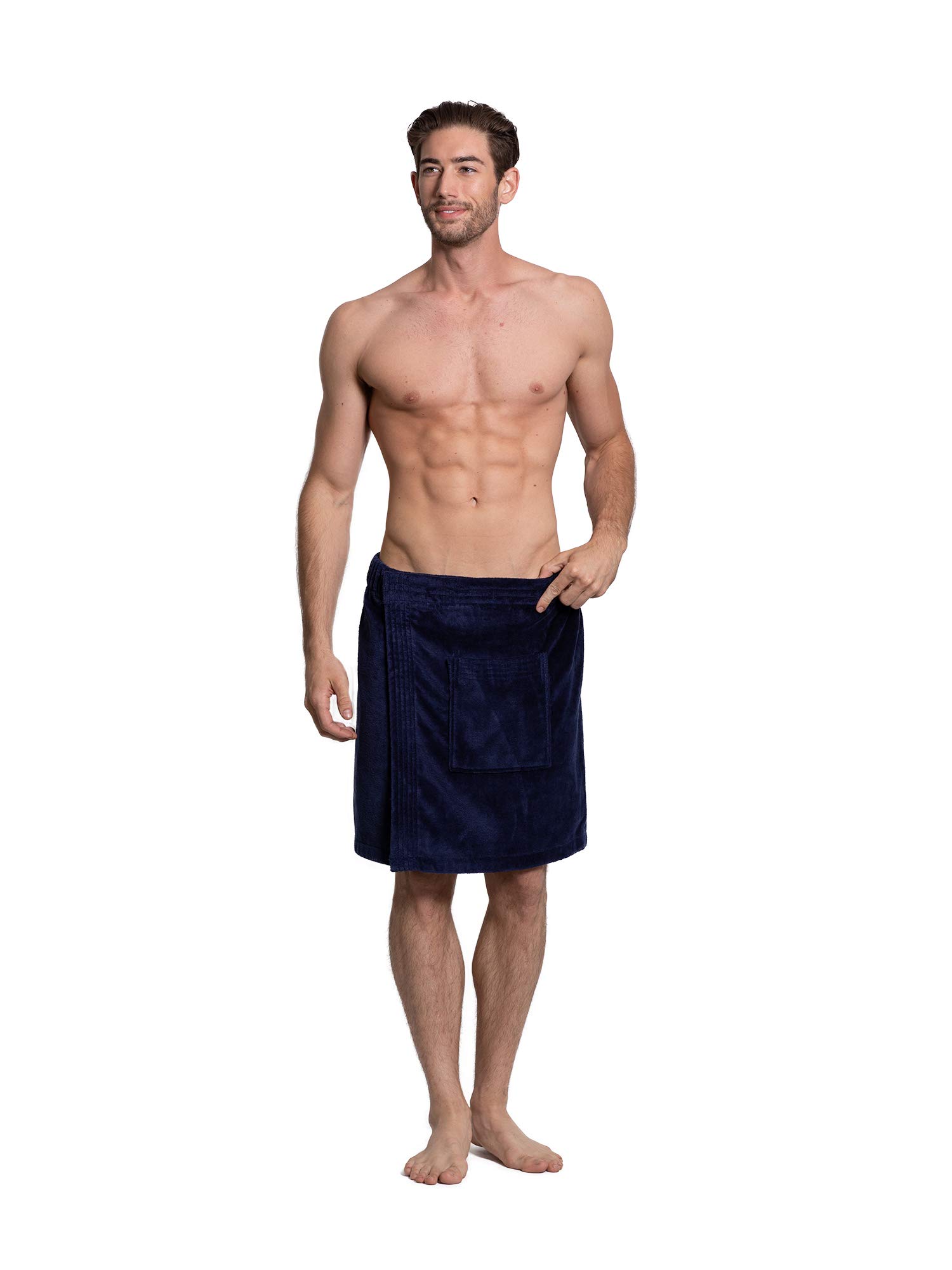 Turkuoise Men's Cotton Terry Velour Bath Towel Wrap Made in Turkey (Navy Blue)
