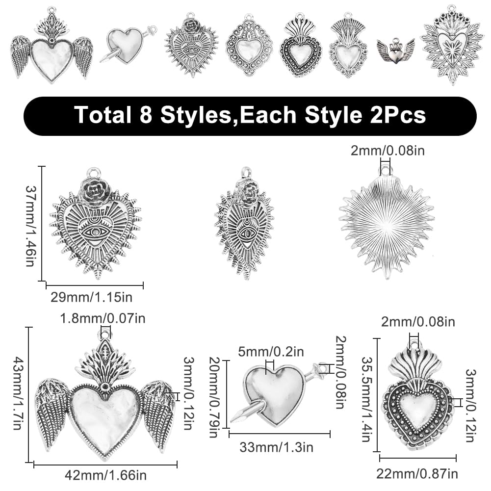 SUNNYCLUE 1 Box 16Pcs 8 Styles Gothic Heart Charms Sacred Heart Charms Bulk Tibetan Silver Alloy Wings Holiday for Jewellery Making DIY Necklace Bracelet Earring Halloween Decoration - Image 2