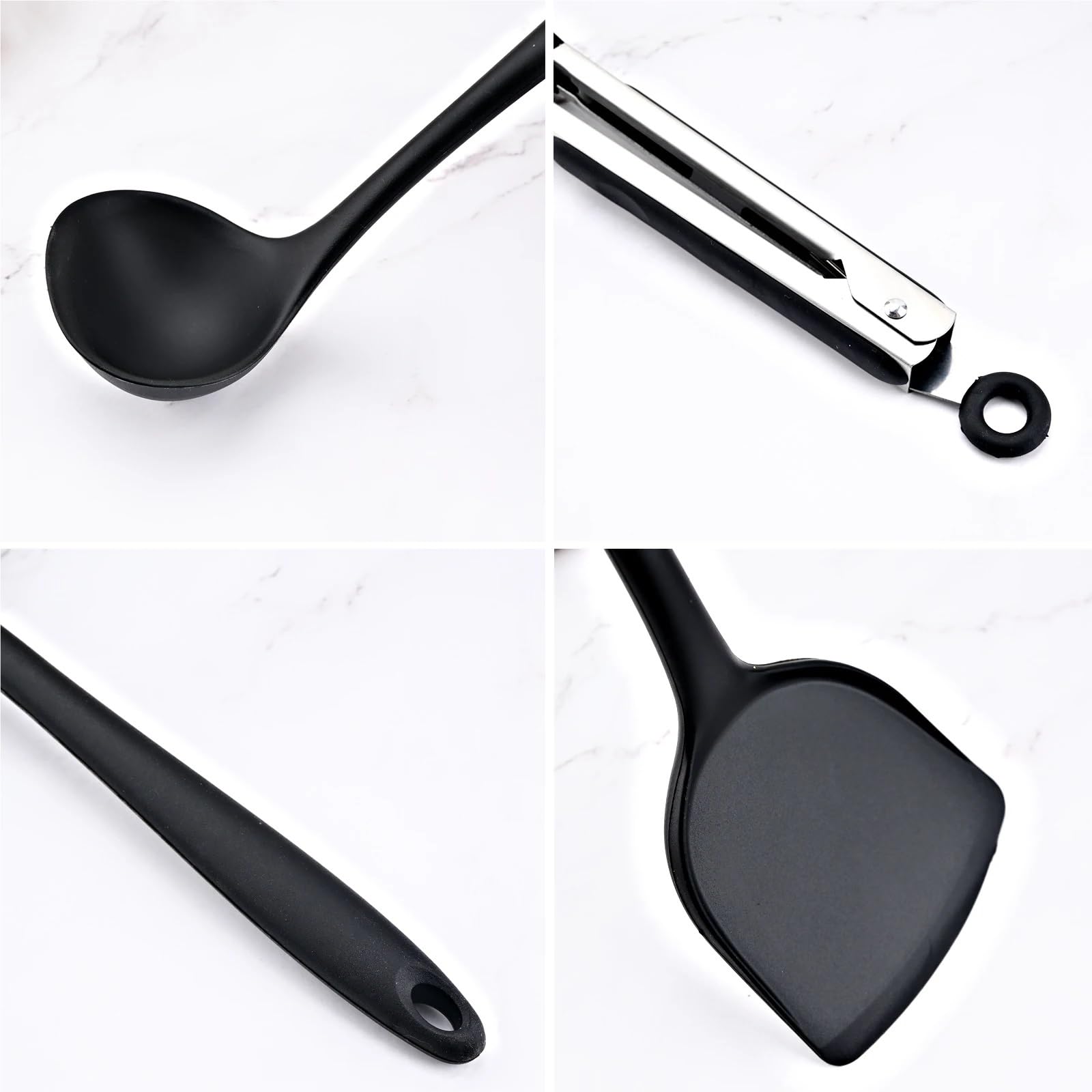 Silikon Küchenhelfer Set Schwarzes Silikon-Kochutensilien-Set, antihaftbeschichtet, Spachtel, Schaufel, Suppenlöffel(6Pcs Set)