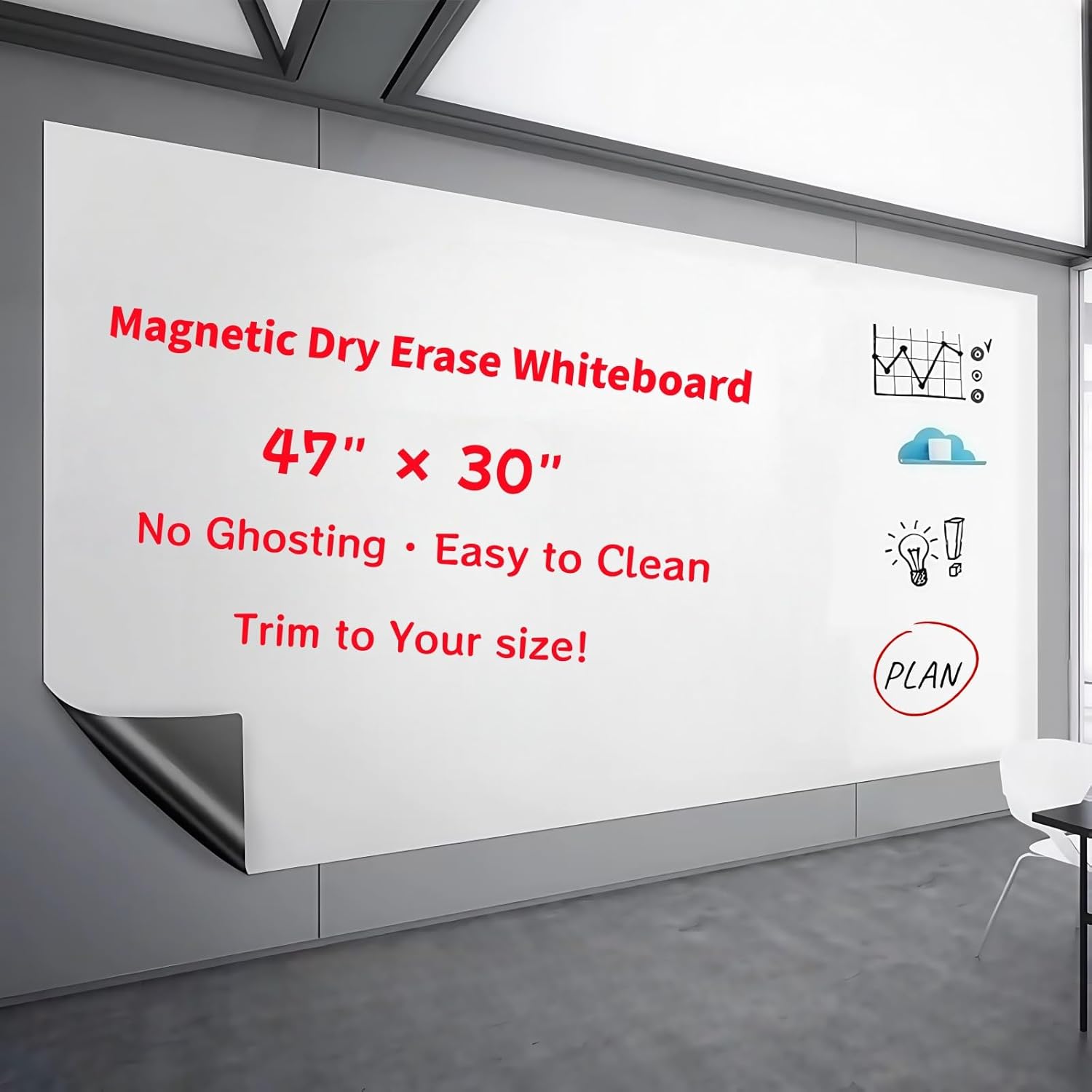 Large Magnetic Dry Erase Whiteboard 47"x30" - Self-Adhesive Flexible Wall Board for Home Office, Kids Room w/ 11 Markers, 6 Magnets, Eraser & Holder, Ultra Smooth, No Ghosting