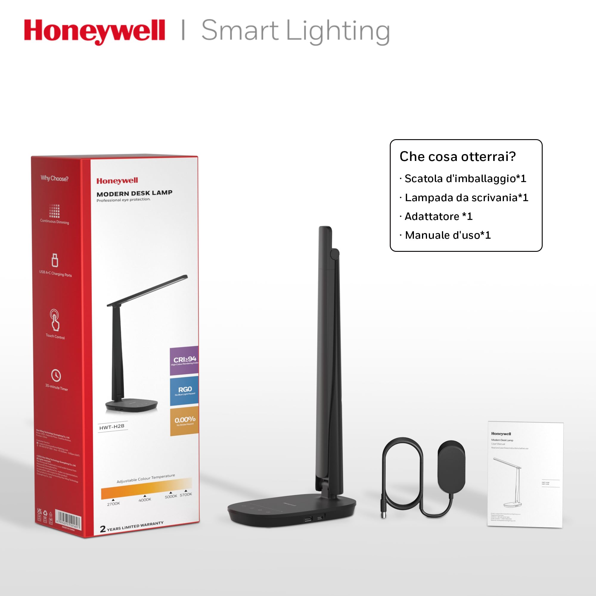 Honeywell HWT-H2 Lampada da Scrivania LED, Luce a Spettro Completo CRI94, Lampada da Tavolo Dimmerabile con Porte USB-A e USB-C, Controllo Touch, Lampada Pieghevole per Ufficio, Lettura e Studio, Nero