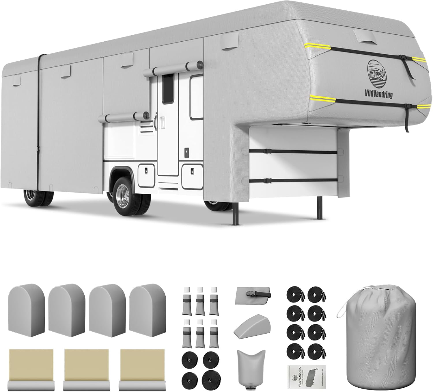 Heavy Duty Travel Trailer RV Cover 24-27ft, Rv Trailer Cover 8 Layers Breathable Waterproof Rip-Stop Camper Cover with Adhesive Repair Patches, Gutter, Tire & Additional Straps