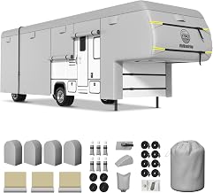 Heavy Duty Travel Trailer 5th Wheel RV Cover 33-37ft, 8 Layers Breathable Waterproof Rip-Stop Camper Cover with Adhesive Repair Patches, Gutter, Tire & Additional Straps