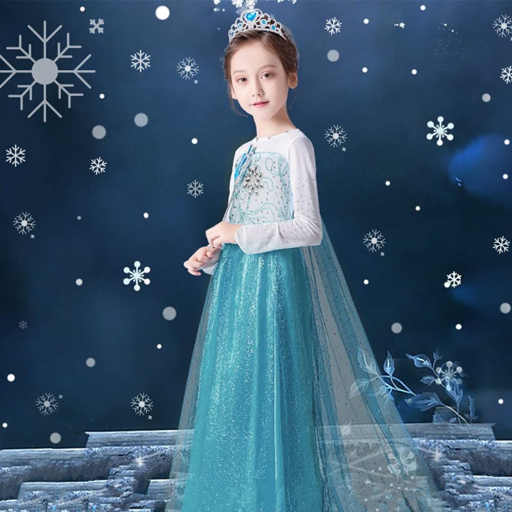 URAQT Costume di Elsa, Set da Principessa Elsa Corona Bacchetta Guanti Treccia, Costume di Cosplay Party Halloween Costume Abito delle Ragazze di Natale Vestito Fantasia (Verde Chiaro-140)
