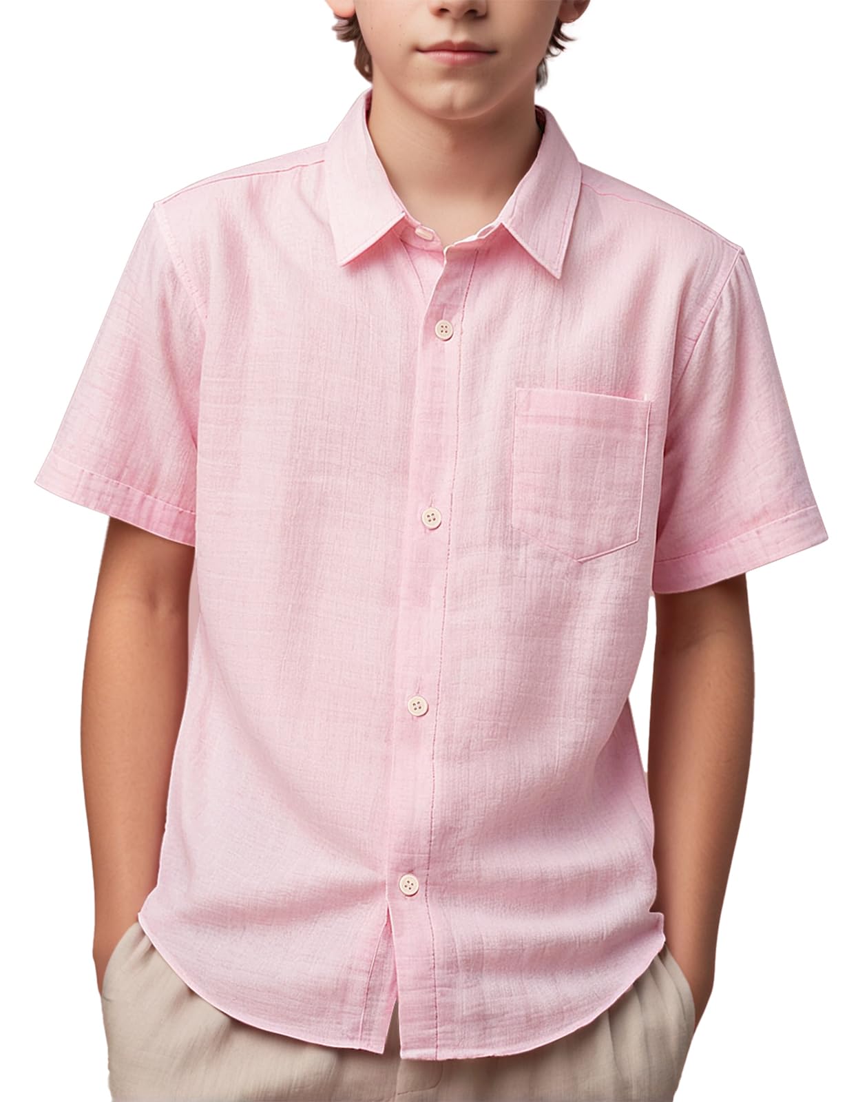 Spring&Gege Chemise d'été à manches courtes boutonnée en lin texturé pour garçon