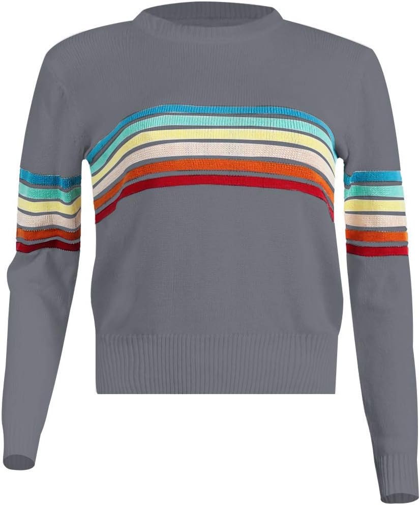 ECOWISH Women's Sweater Rainbow Colorful Striped Sweaters Long Sleeve Crew Neck Color Block Casual Pullover Blouse Tops - Image 5