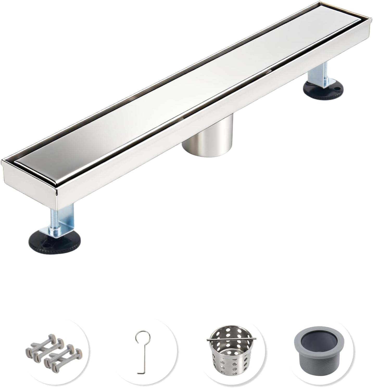 12 Inch Brushed Stainless Steel Linear Shower Drain, CUPC Certified 2-in-1 Tile Insert Cover, 304 Stainless Steel Trench Drain for Curbless Showers, Includes Hair Catcher & Adjustable Feet