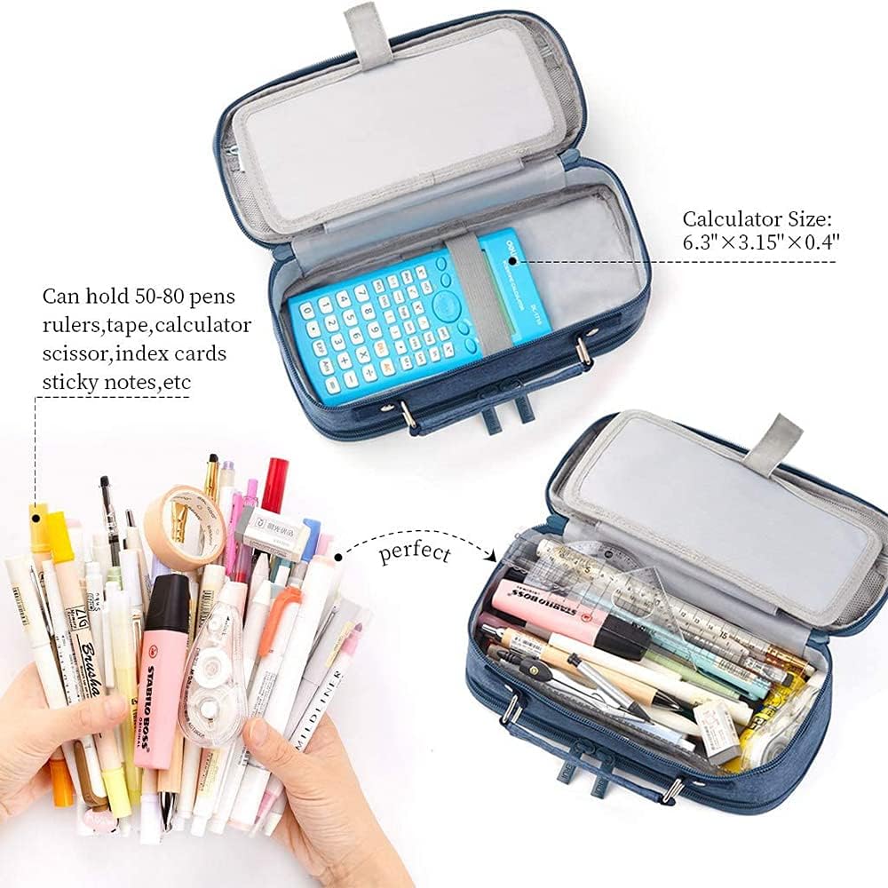 Pencil Girls Boys Large Capacity case 2 Compartment Canvas Pencil Case for School Work Cosmetic Storage Bag Blue - Image 5