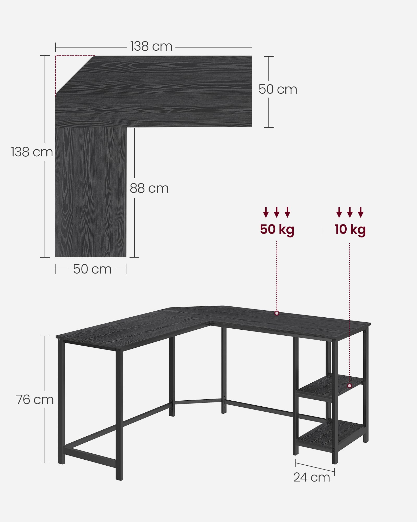 VASAGLE Biurko, biurko komputerowe w kształcie litery L, 138 x 138 x 76 cm, biurko narożne z 2 półkami, oszczędzający miejsce stół biurowy, do biura domowego, czarne z usłojeniem drewna LWD072B56
