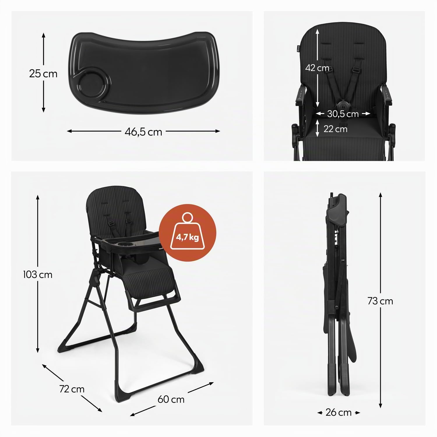 hauck Reisehochstuhl ultraleicht, superschnell klappbar, Sit N Go Black | Essbrett & spülmaschinenfestes Tablett, abwischbarer Bezug, 6 Monate bis 15 kg / 3 Jahre, Mitwachsender Hochstuhl für Kinder