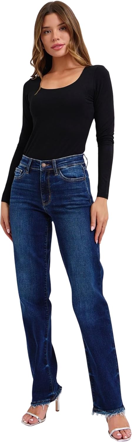 Judy Blue Women's Mid Rise Straight Jeans with Frayed Hem - Image 5