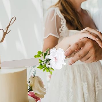 BestAlice Ceremony Wedding Cake Knife And Server Set, Rustic Cake Cutting And Serving Set, Silver Cake Cutting Set with Eucalyptus Leaves Burlap Lace And Rose for Wedding Birthday Party (white, Rose)